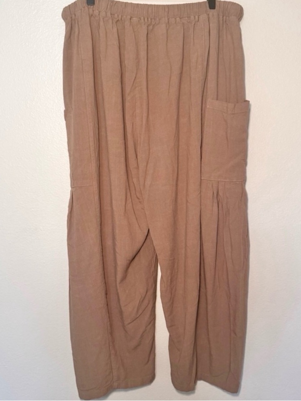 TARSE Linen Blend Wide Leg Cropped Pants XL Taupe Elastic Waist Lounge - Picture 4 of 7